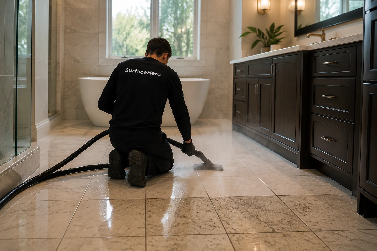 SurfaceHero specialist working on tile grout in Montreal